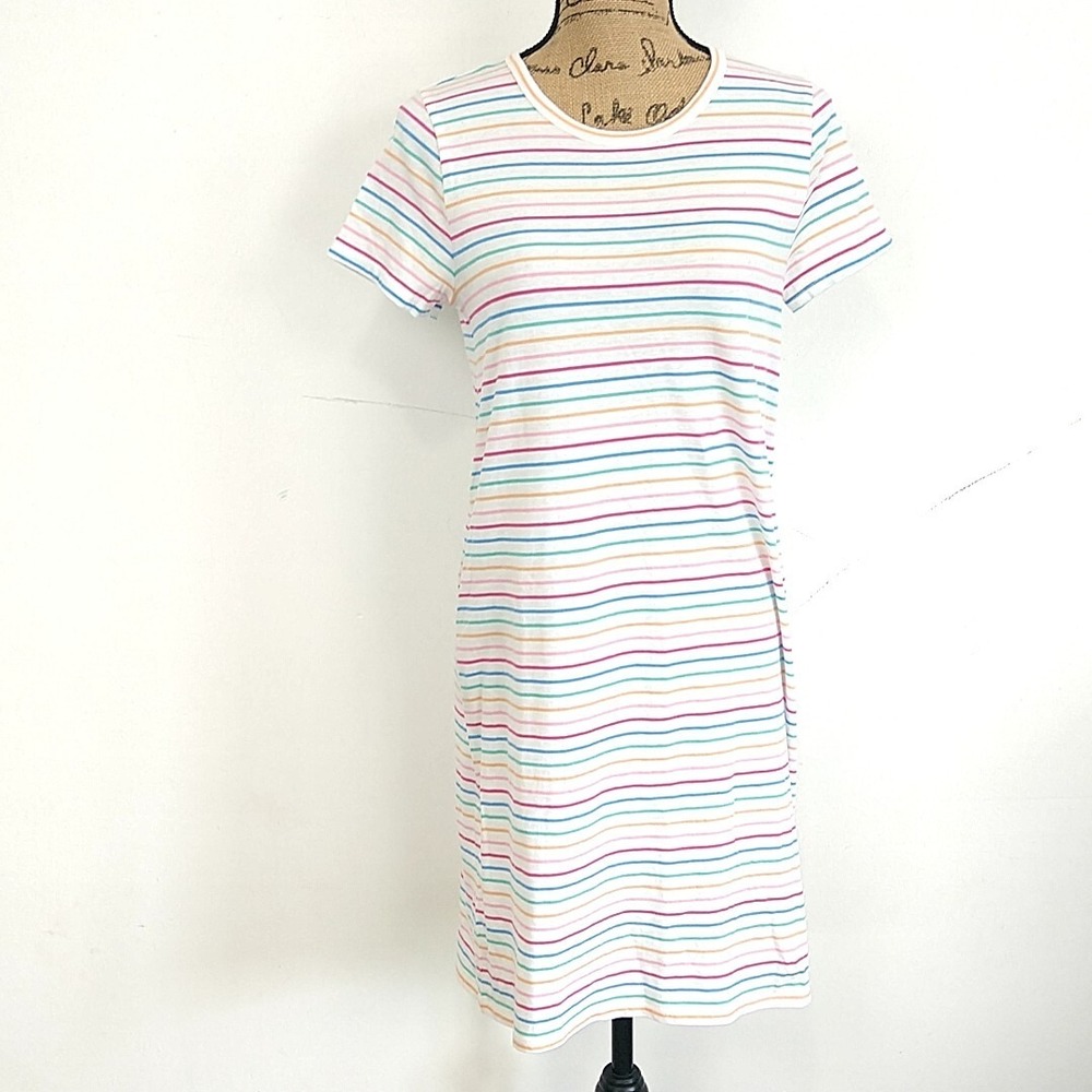 J.Crew T-Shirt Dress Womens XS White Rainbow Stripe Short Sleeve Cotton Casual